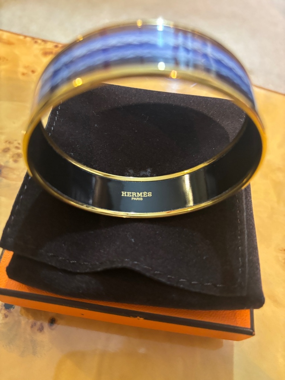 Hermes Blue and Orange Enamel Bangle with Gold Trim - Picture 3 of 3